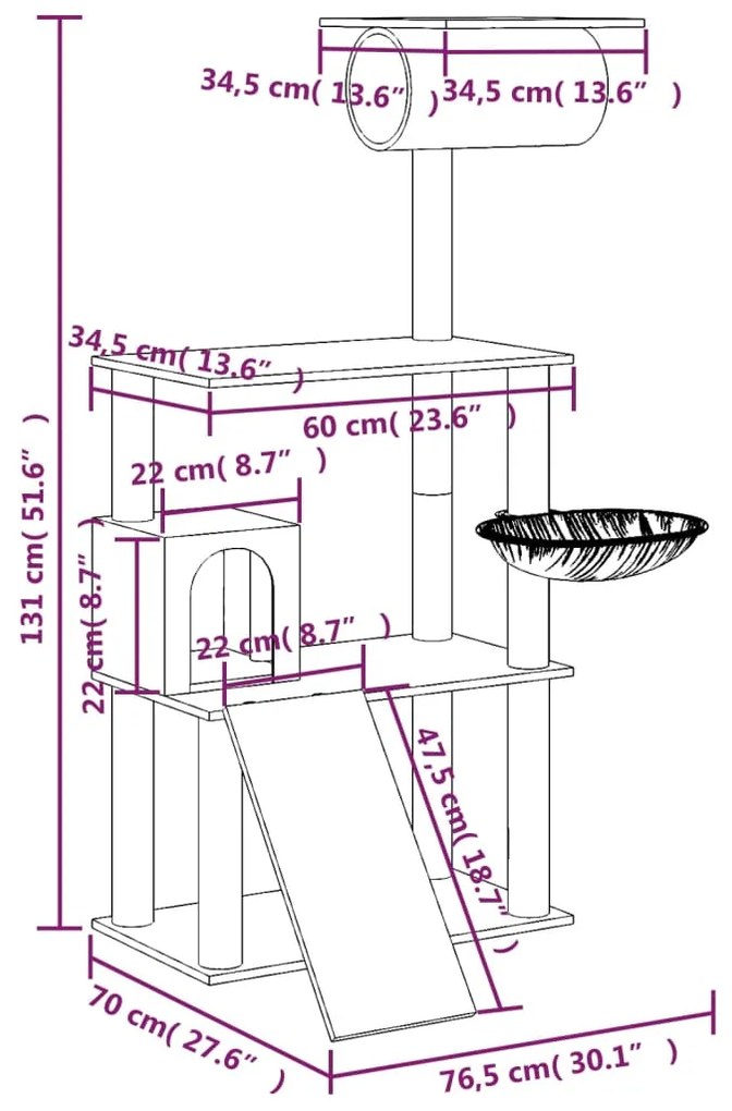 Árvore p/ gatos c/ postes arranhadores sisal 131 cm cor creme