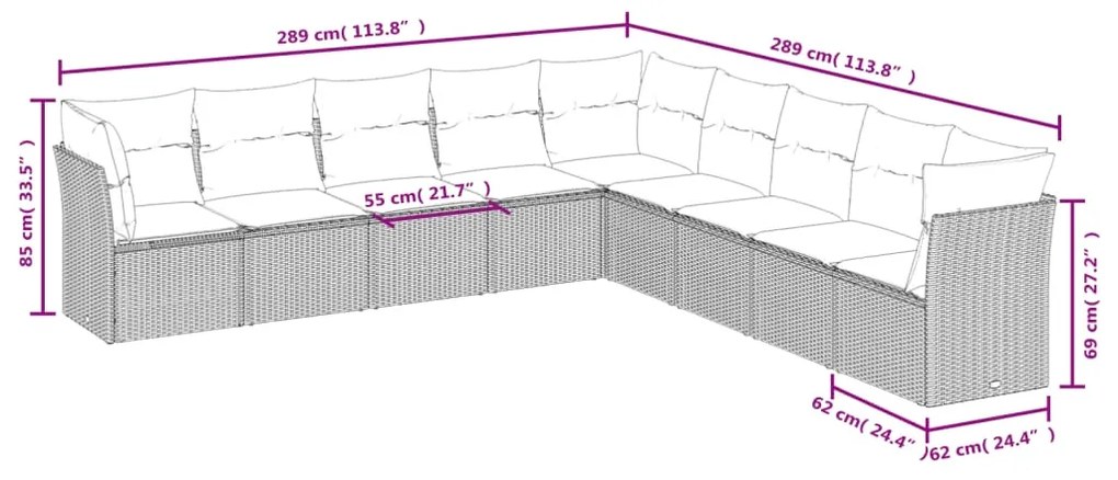 9 pcs conjunto sofás p/ jardim c/ almofadões vime PE castanho