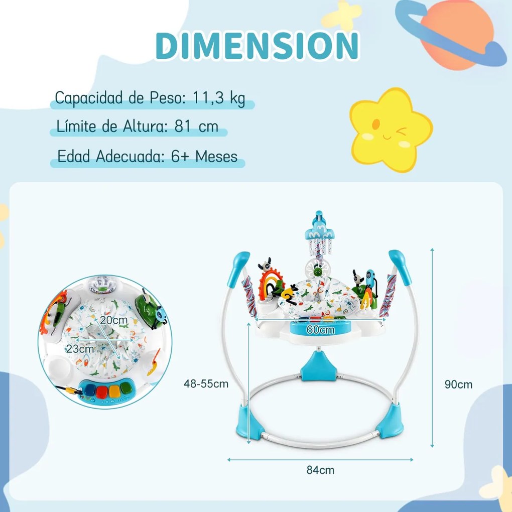 Centro de atividades para bebés com saltador, 6 brinquedos, luzes, música, 3 alturas ajustáveis, mesa giratória 360° para 6+ meses, Azul
