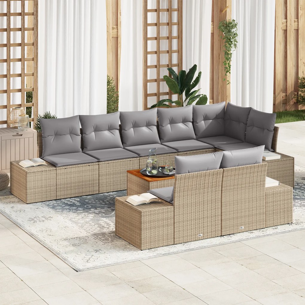 Conjunto de Sofá de Jardim com Almofadas Bege Rattan Polímero Acácia