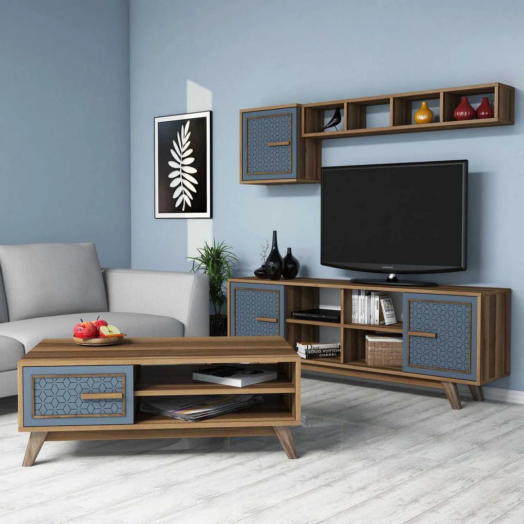 Conjunto de Mobiliário de Sala Ayla – Nogueira Azul – TV: 160x56,2x35