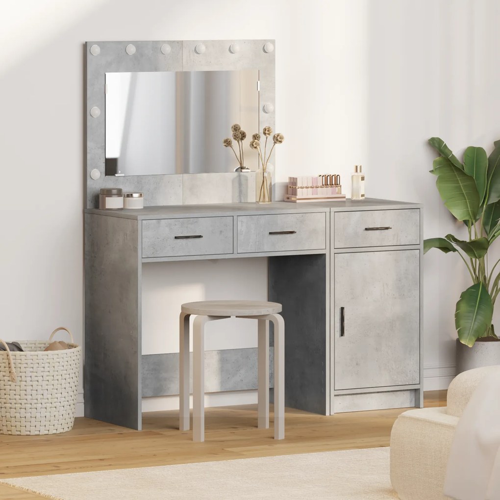 Conjunto de Mesa de Maquilhagem de 2 Peças Cinza Concreto com LED em Madeira de Engenharia