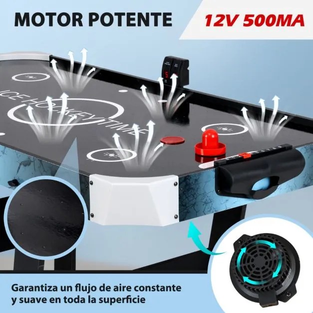 Mesa de hóquei de ar com marcador eletrónico Motor de 12 V 2 discos e 2 empurradores Jogo de hóquei de pé 144 x 68 x 79 cm Preto