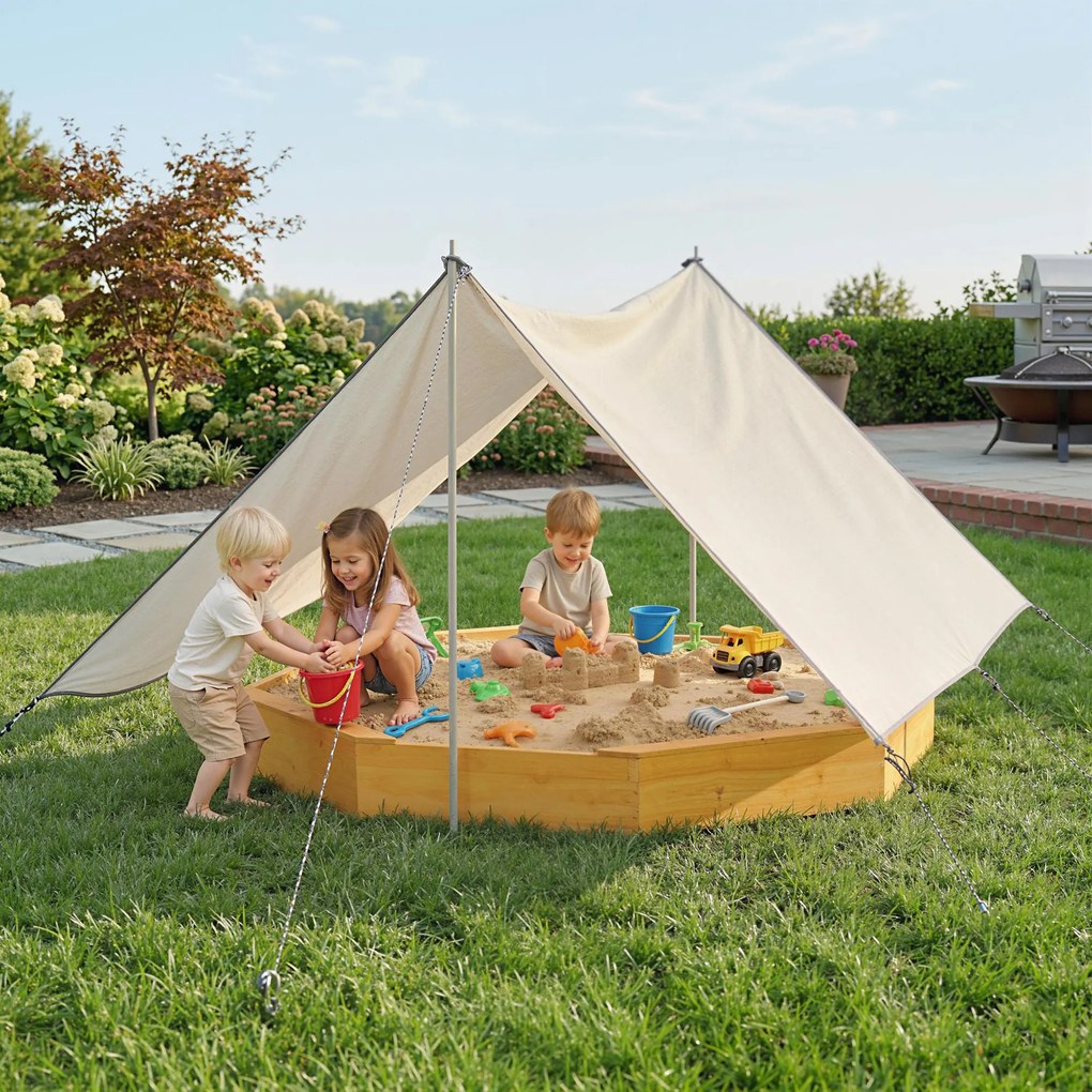 Caixa de areia crianças em madeira com toldo 214,5 x 214,5 x 22,5 cm, caixa de areia infantil para exterior com 4 bancos, forro no fundo, amarela