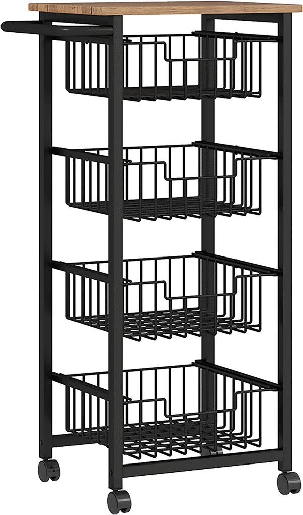 Carrinho de Cozinha com 4 Cestos Deslizáveis e Estrutura de Aço 49,5x31x91 cm Cor Carvalho