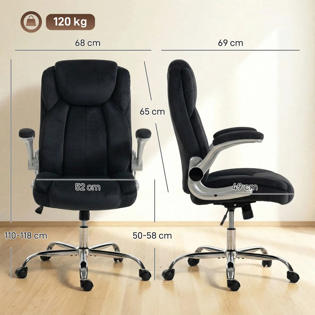 Cadeira de Escritório Apoios de Braços Rebatíveis Altura Ajustável Função Basculante e Estofada em Veludo 68x69x118 cm Preto