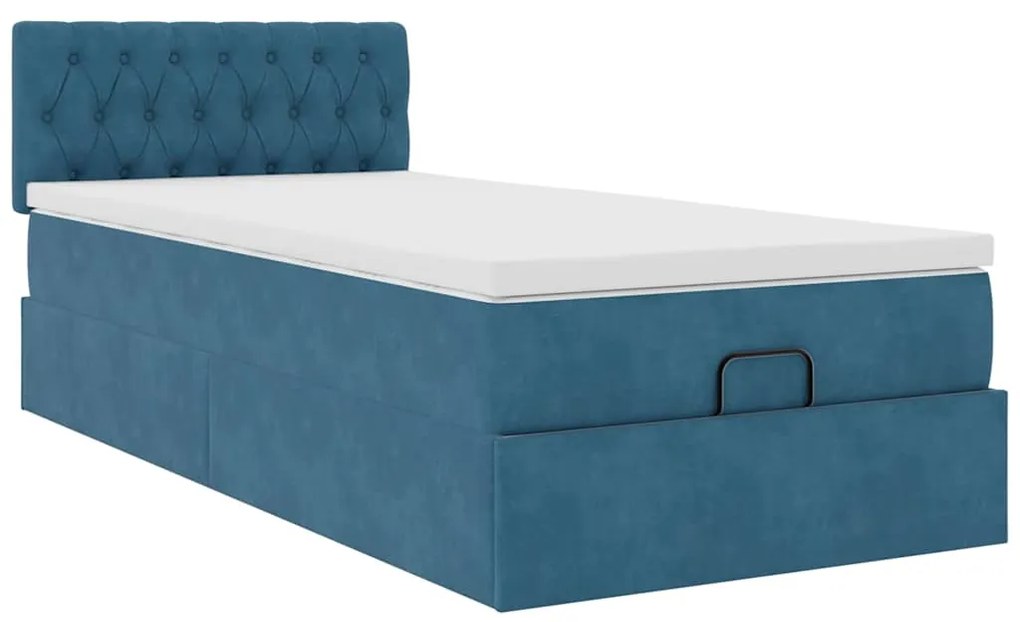 Estrutura cama otomana com colchão azul escuro 90x190cm veludo