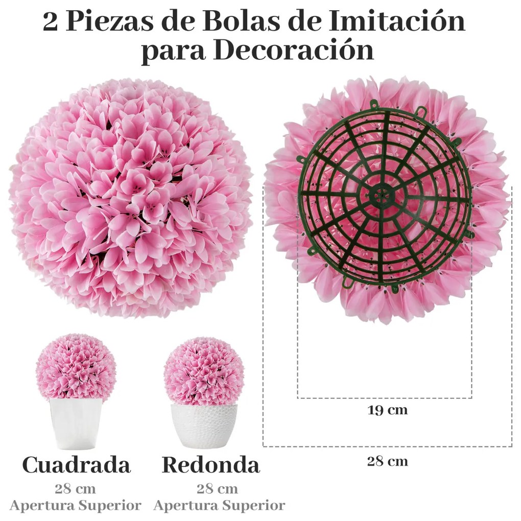 Conjunto de 2 bolas de plantas artificiais 28 CM Bolas decorativas Decoração interior e exterior com proteção solar Rosa