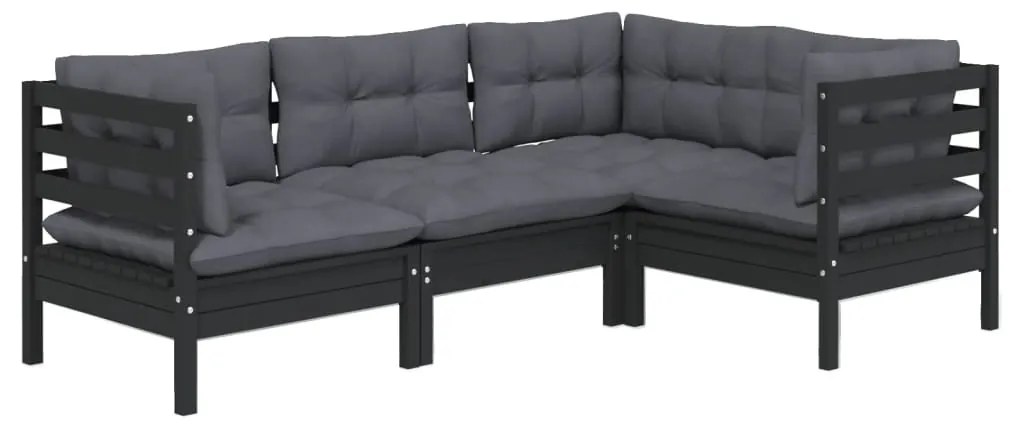 4 pcs conjunto lounge de jardim c/ almofadões pinho preto