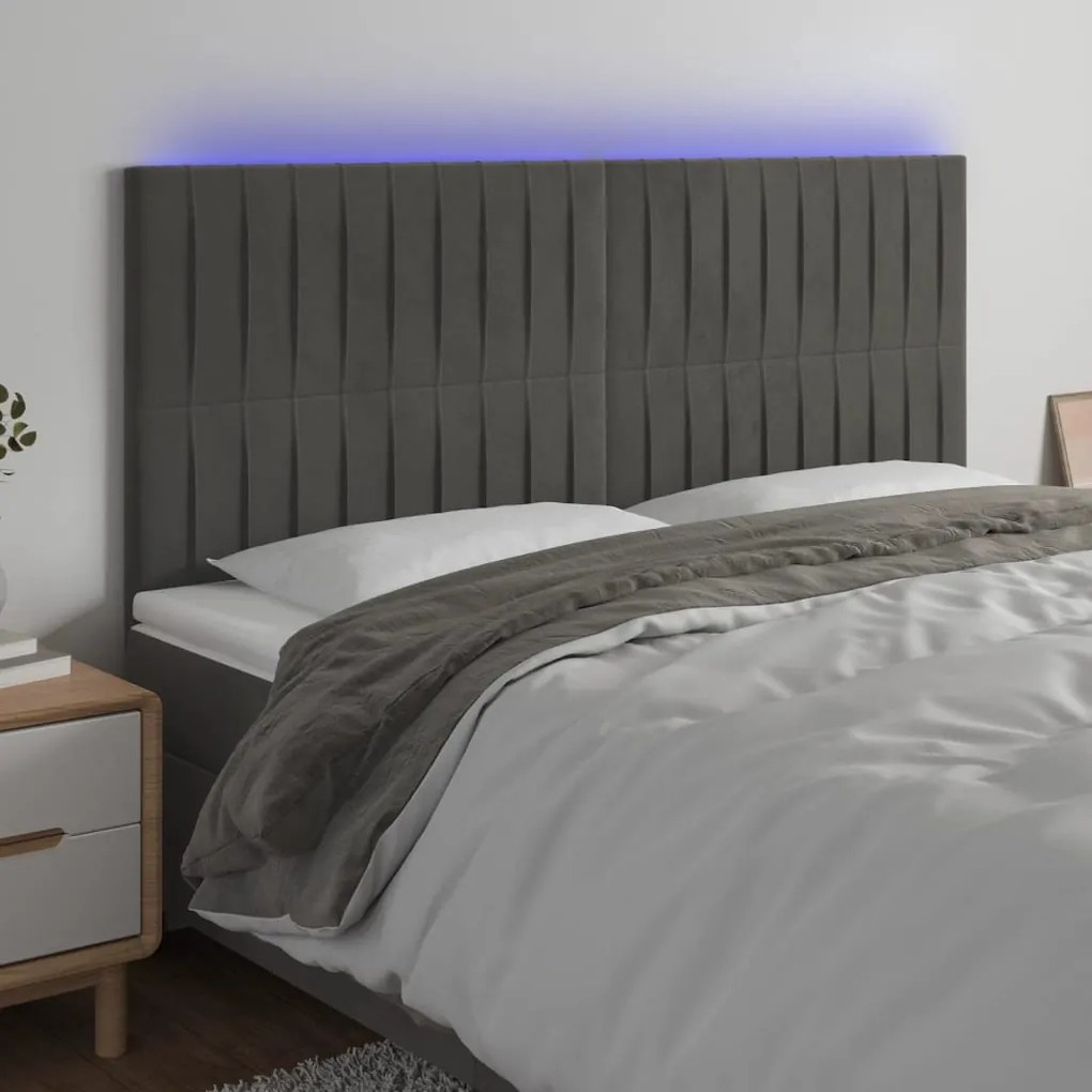 Cabeceira de cama c/ LED veludo 160x5x118/128 cm cinza-escuro