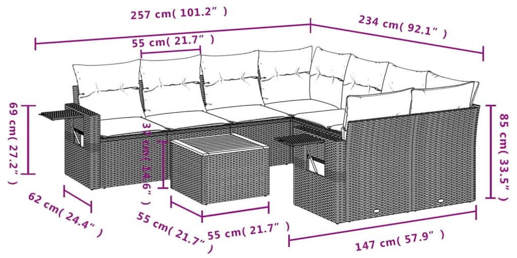 9 pcs conjunto de sofás p/ jardim com almofadões vime PE bege