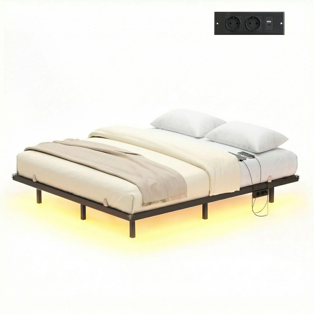 Estrutura de cama 160 x 200 cm com iluminação LED, porta USB-C e extensão (COLCHÃO NÃO INCLUIDO) Preta