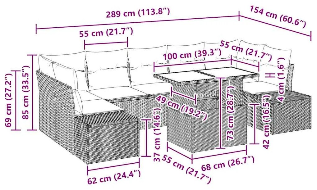 Conjunto de Sofá de Jardim de 8 Peças com Almofadas Marrons em Rattan