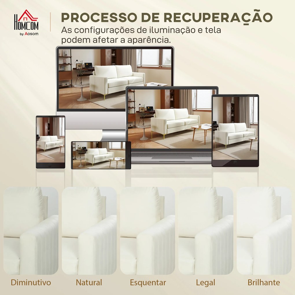 Sofá de 3 Lugares de 181 cm Estofado em Veludo com Almofadas Espessas Pernas de Metal Branco Creme