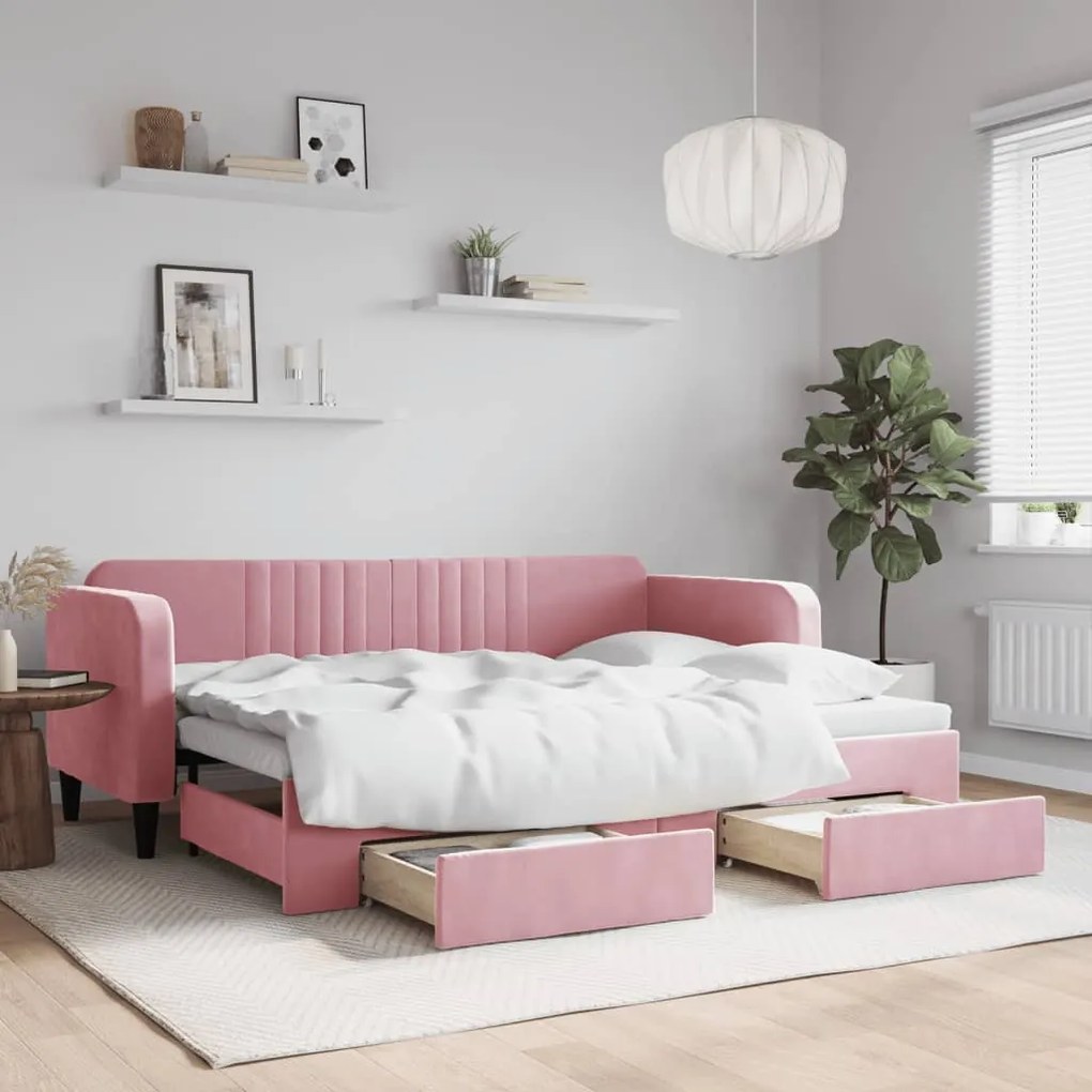 Sofá-cama com gavetão e gavetas 80x200 cm veludo rosa