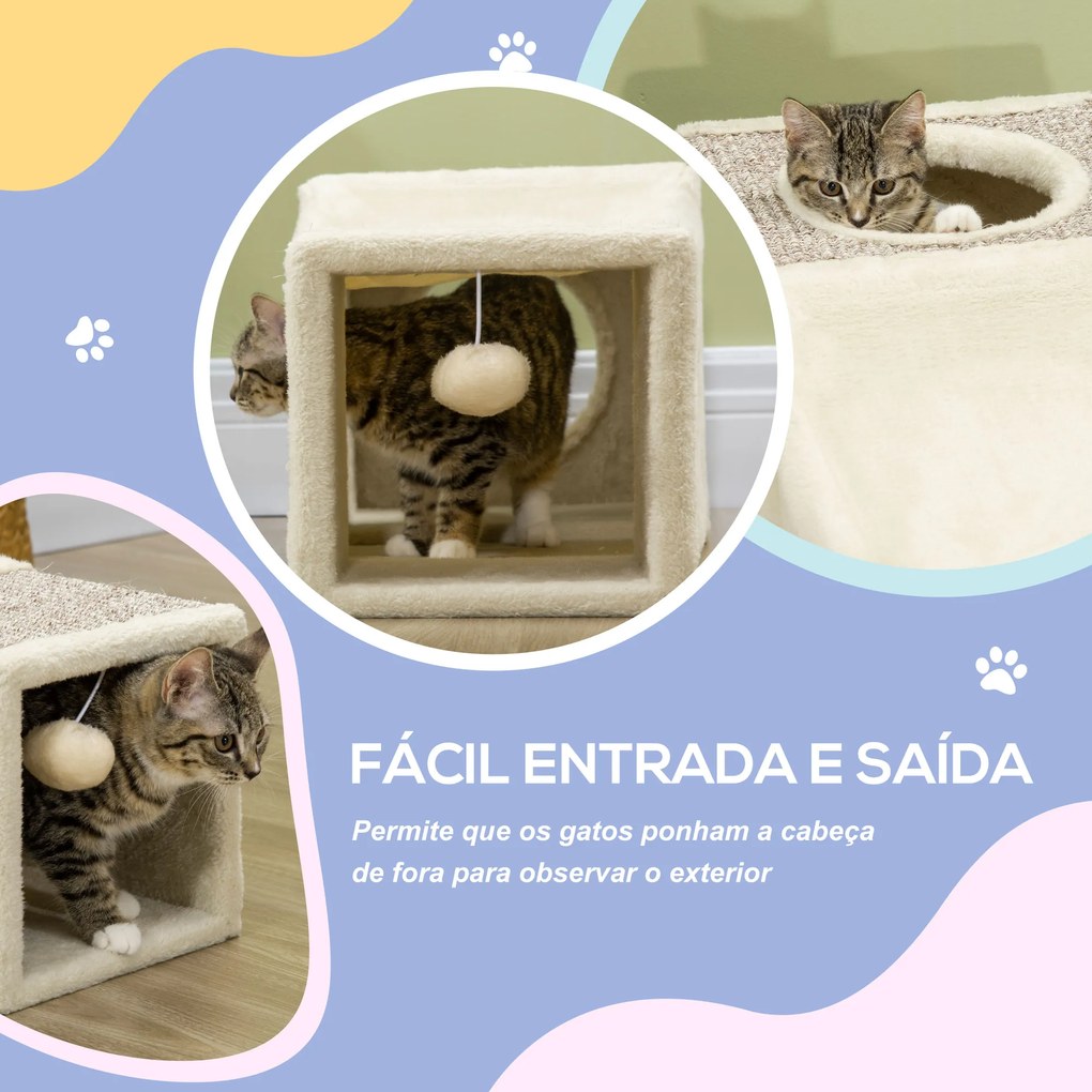 Túnel para Gatos com Bola Supensa Túnel para Gatos Dobrável com Múltiplas Entradas Caverna de Sisal 98x30x30 cm Creme e Cinza