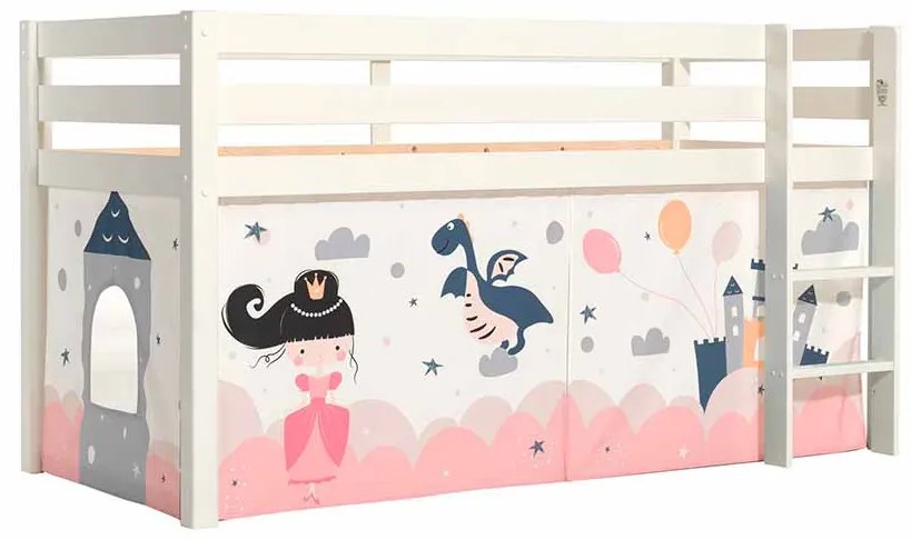 Cama alta de Criança PINO 90 x 200 cm + estrado + escada + cortina Princesa Branca