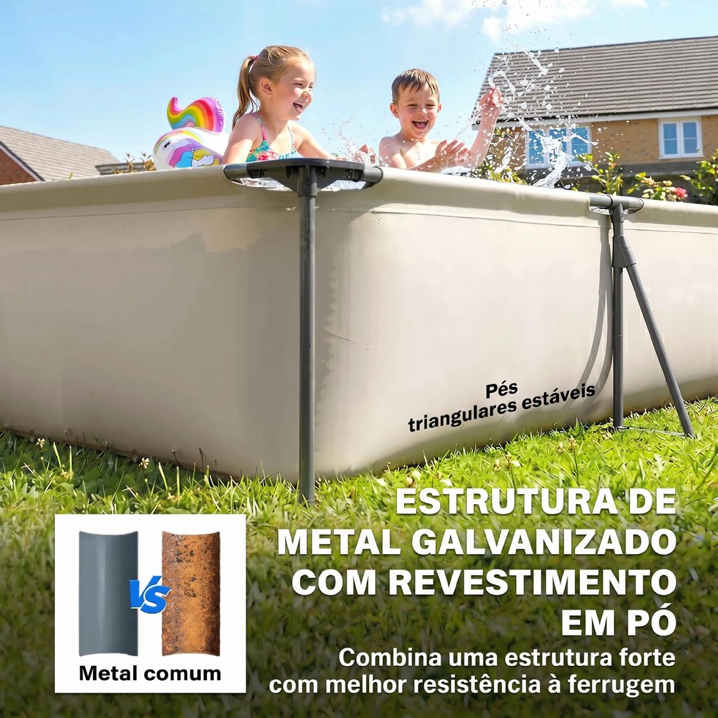 Piscina Desmontável Tubular 394,5x208,3x80,5 cm 6075 L Retangular com Estrutura Metálica para 4-6 Pessoas Cinza