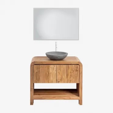 Conjunto De Móvel De Casa De Banho Em Madeira Vacry Castanho Acácia & Cimento Cinzento Redondo Ø40 Cm Tarsis & Led Retangular E Anti-embaciamento 100x
