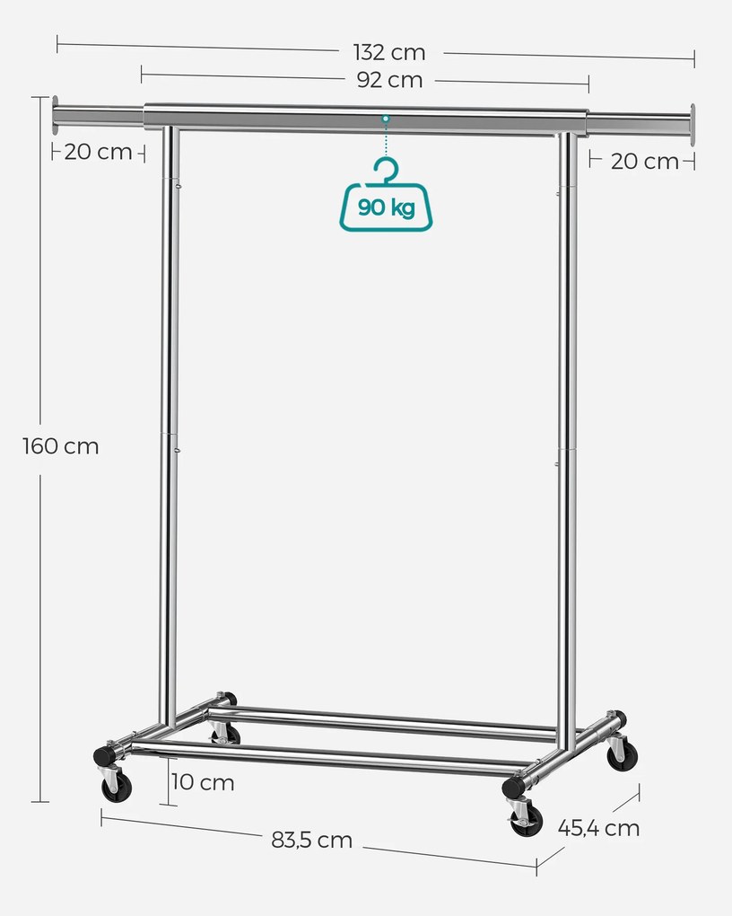 Guarda roupa aberto de estilo industrial extensivel com Rodas (92-132) x 45,4 x 160 cm Prata