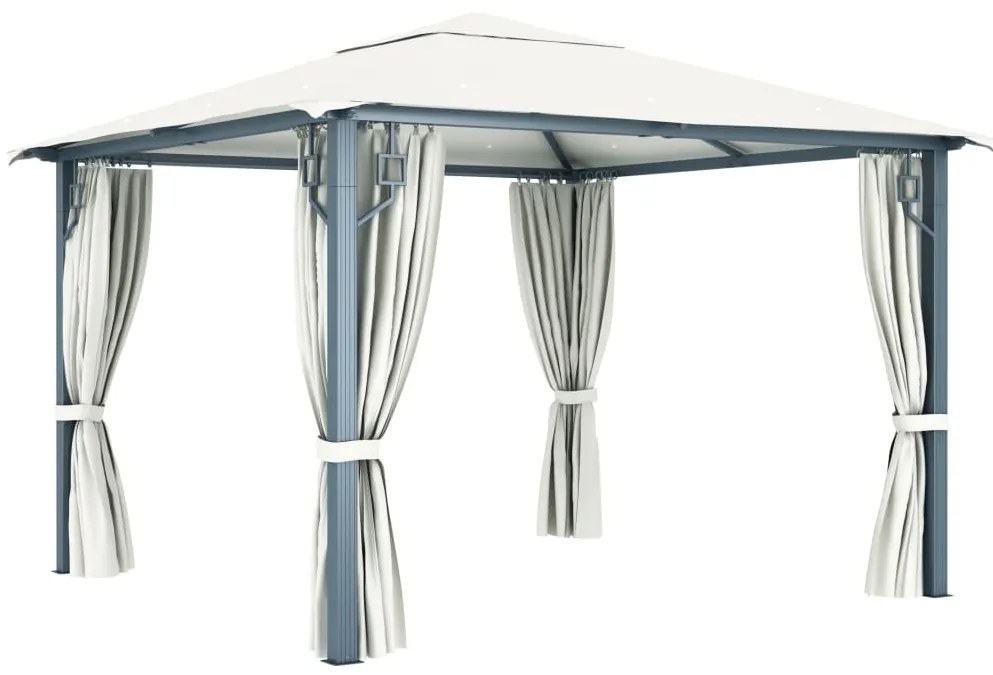 Gazebo com cortinas e cordões de luzes LED 3x3m alumínio creme