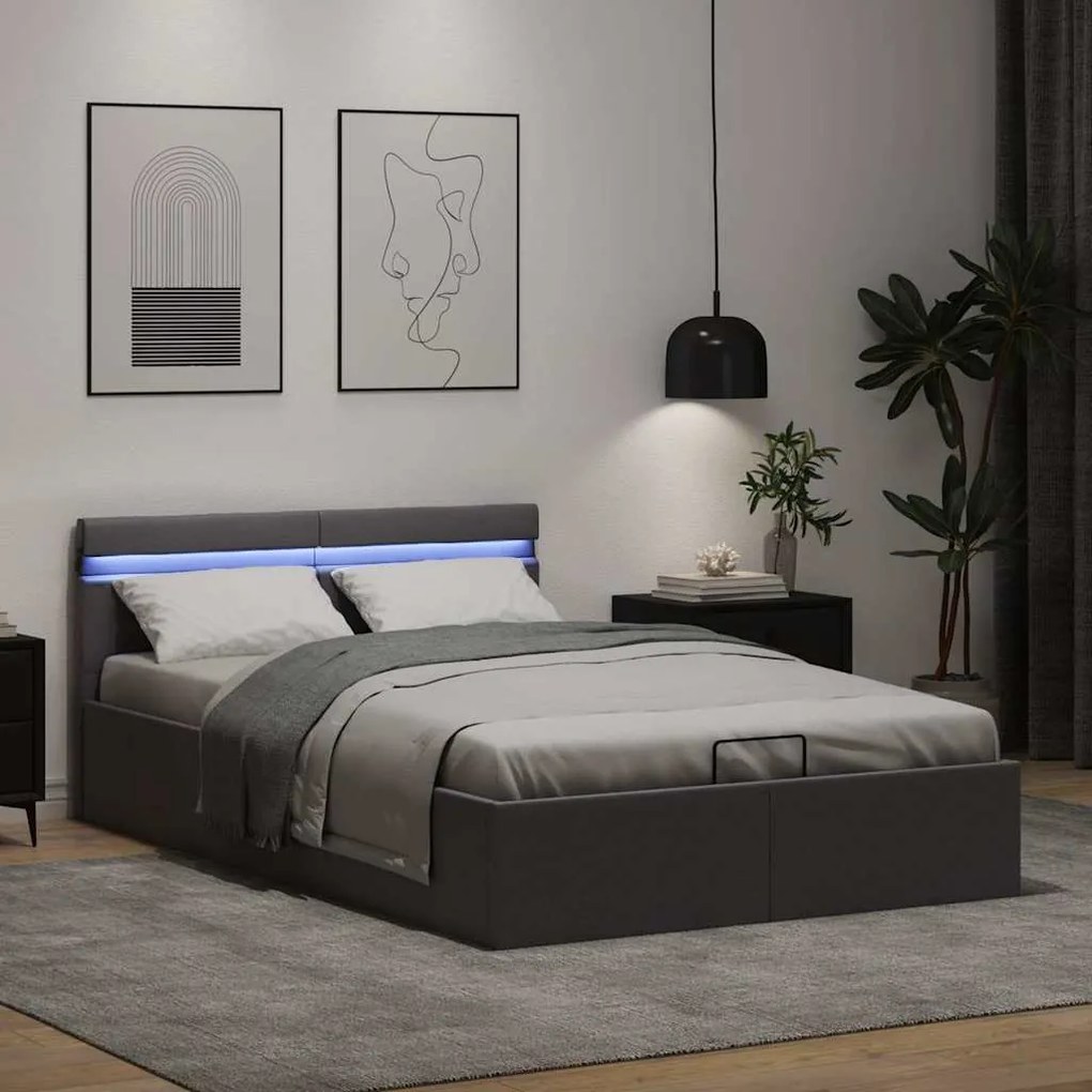 Cama hidráulica c/ arrumação LED 140x200cm couro artific. cinza