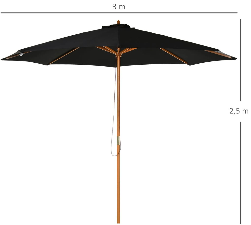 Chapéu de Sol de Jardim Ø300x250cm com Sistema de Polia Teto Ventilado e Mastro Desmontável de Madeira para Terraço Pátio Exterior Preto