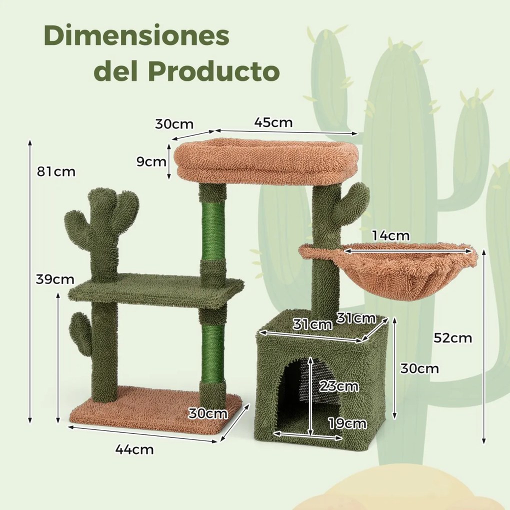 Arranhador Gatos de Cactos 81cm com Almofada Lavável Postes de Arranhar Verde e Castanho