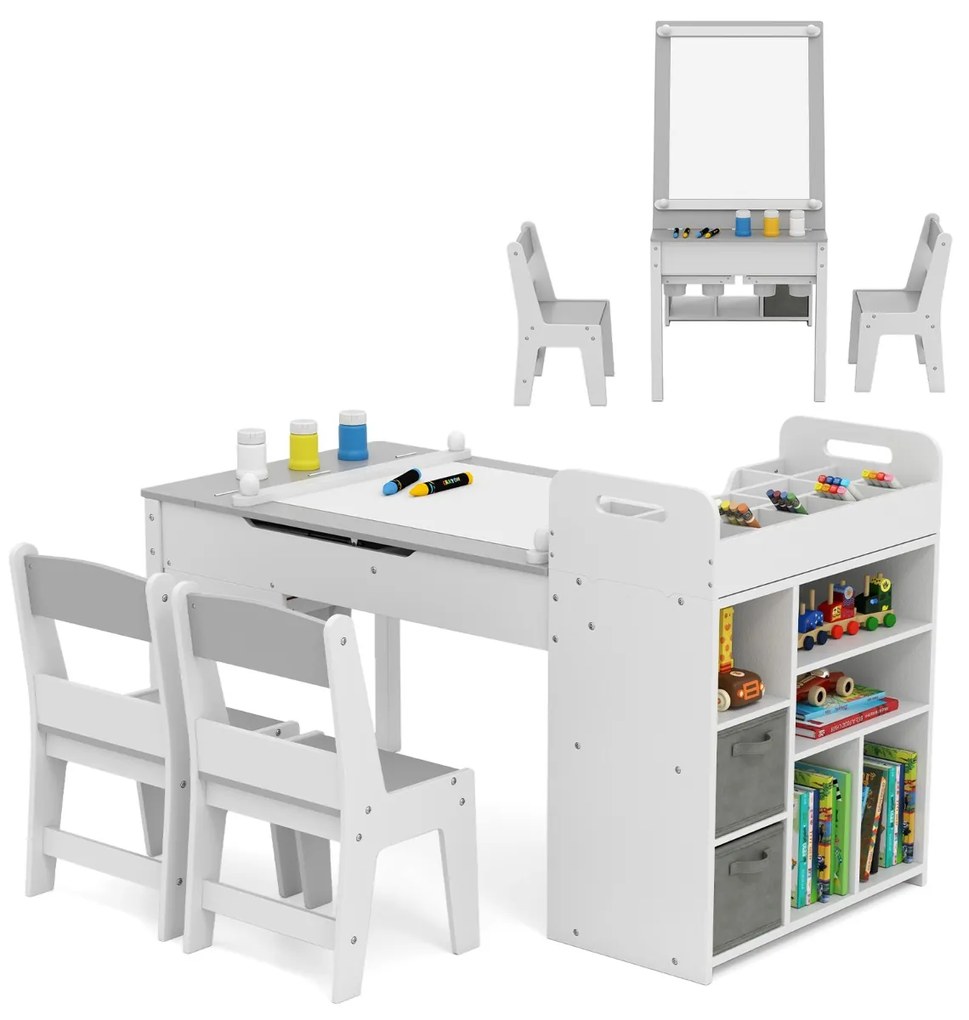 Conjunto de mesa e cadeira para crianças com Estante com tampa rebatível Caixas e organizador portátil Cinzento