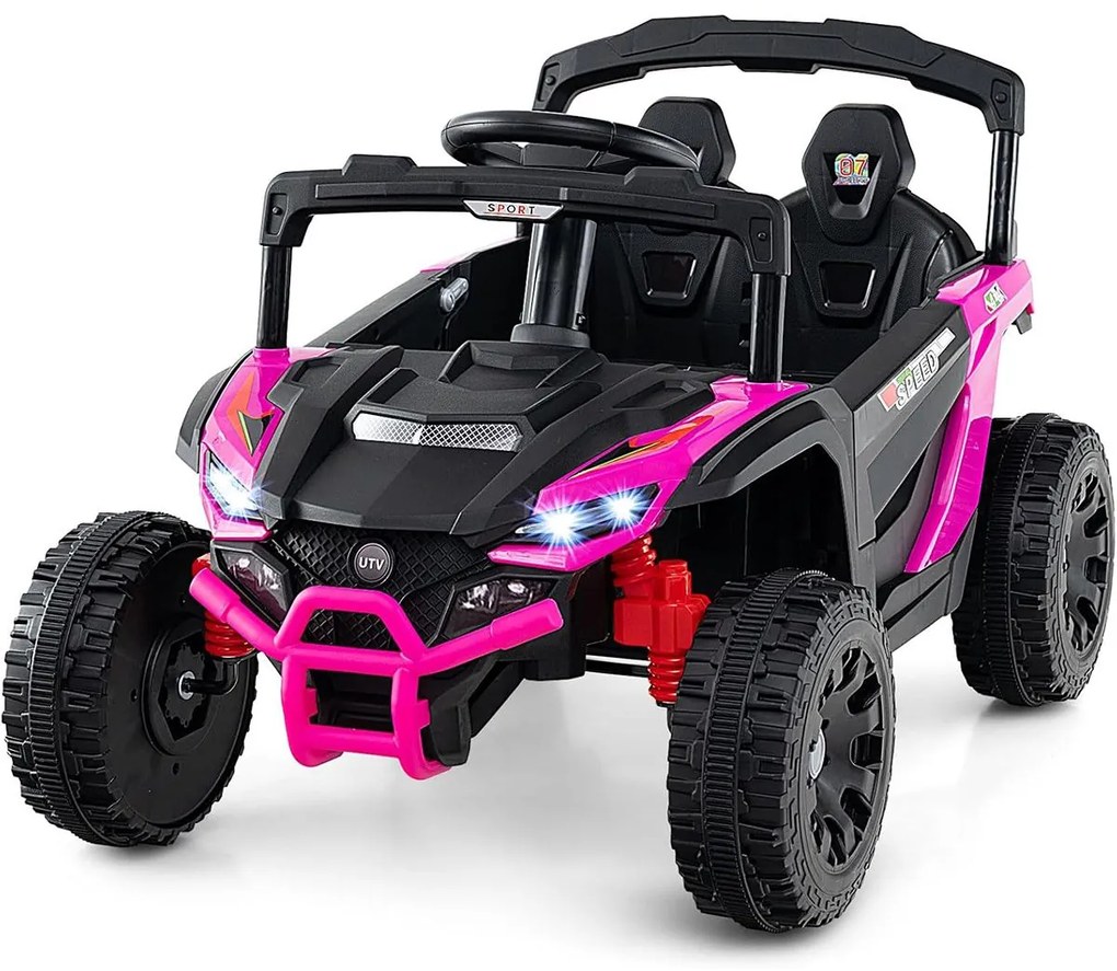 Carro elétrico infantil de 12 V, com comando à distância, 3 velocidades, luzes LED, música, buzina, veículo a bateria para crianças, Rosa