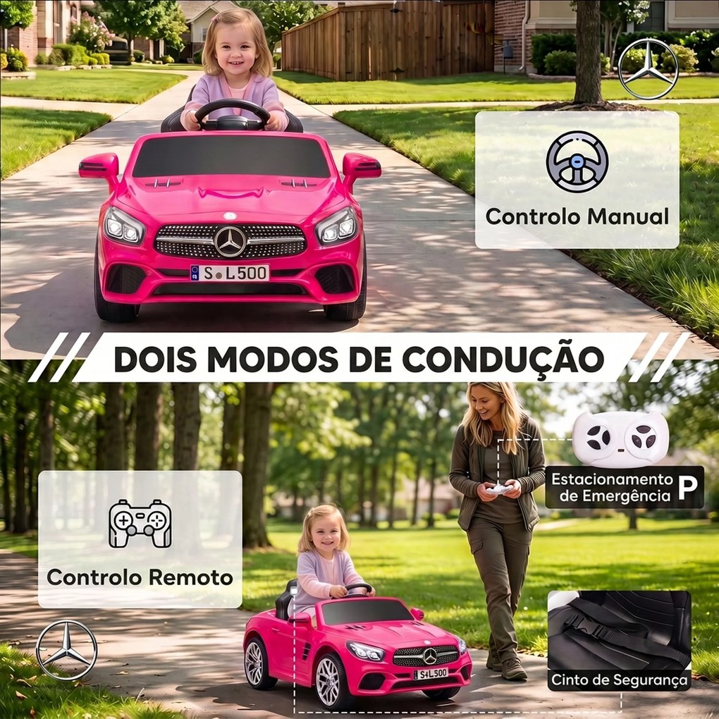 Carro Elétrico Infantil Mercedes-Benz SL500 12 V com Controlo Remoto 2,4 GHz, 2 Motores, Suspensão e Arranque Suave, Rosa