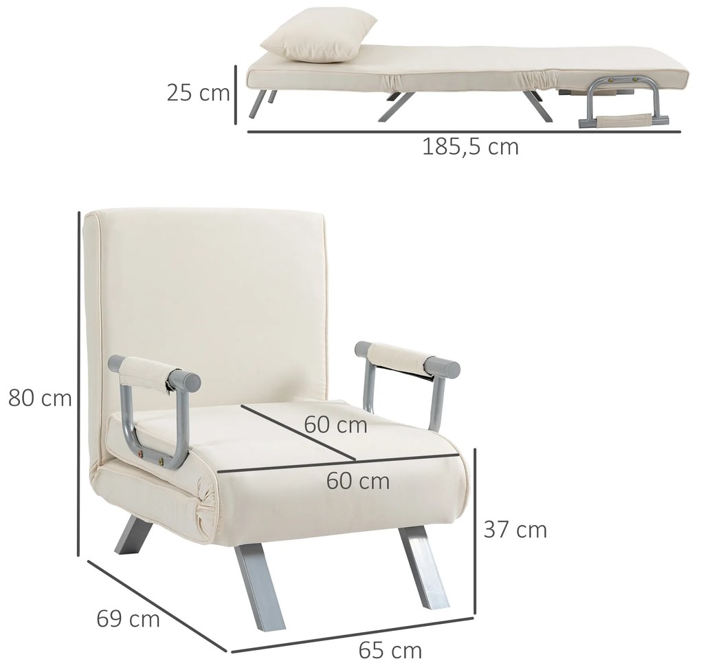 Sofá Cama Individual Sofá Cama Individual Sofá Reclinável com Almofada para Sala Quarto Carga 100 kg 65x69x80 cm Creme