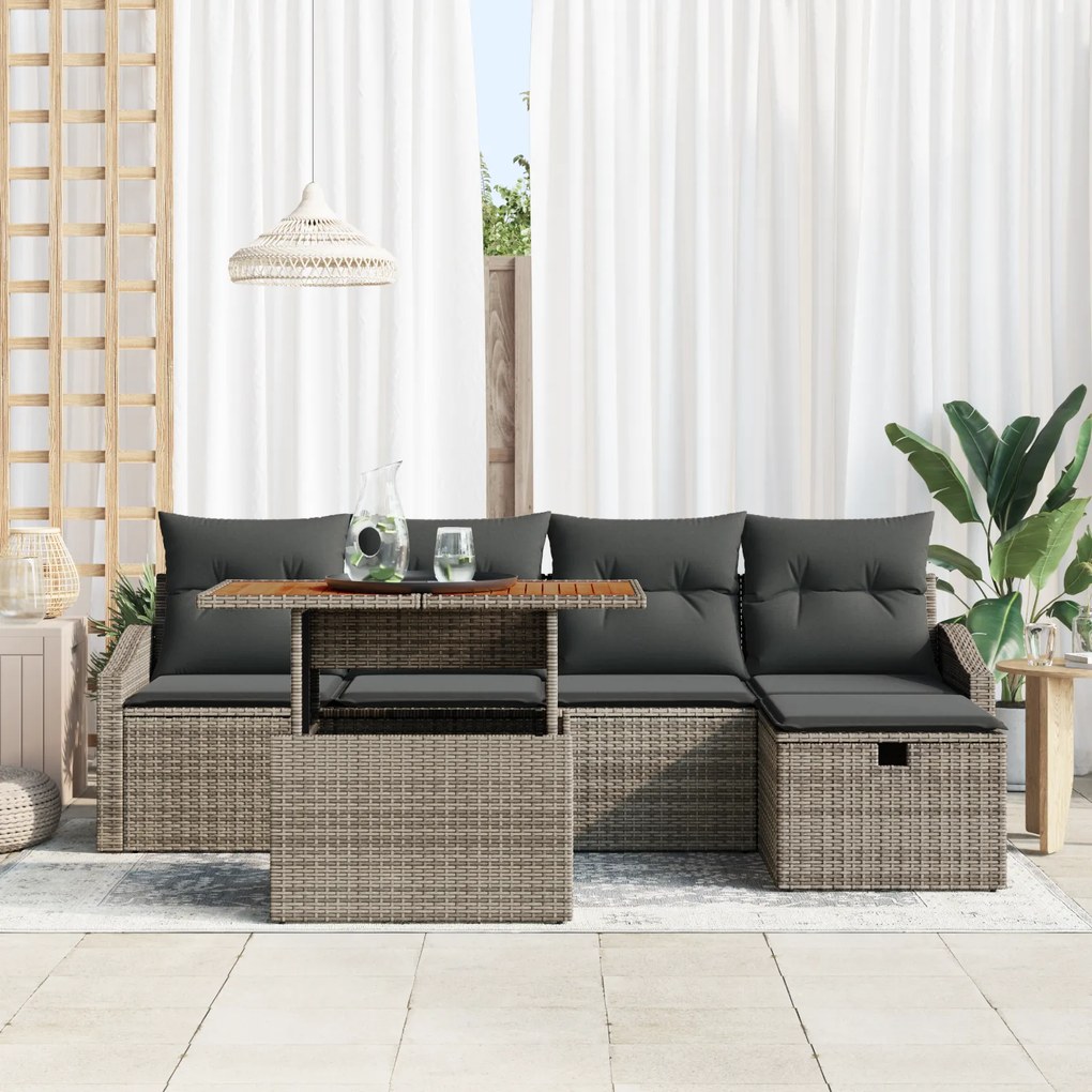 Conjunto de Sofá de Jardim de 6 Peças com Almofadas Rattan Poliéster C