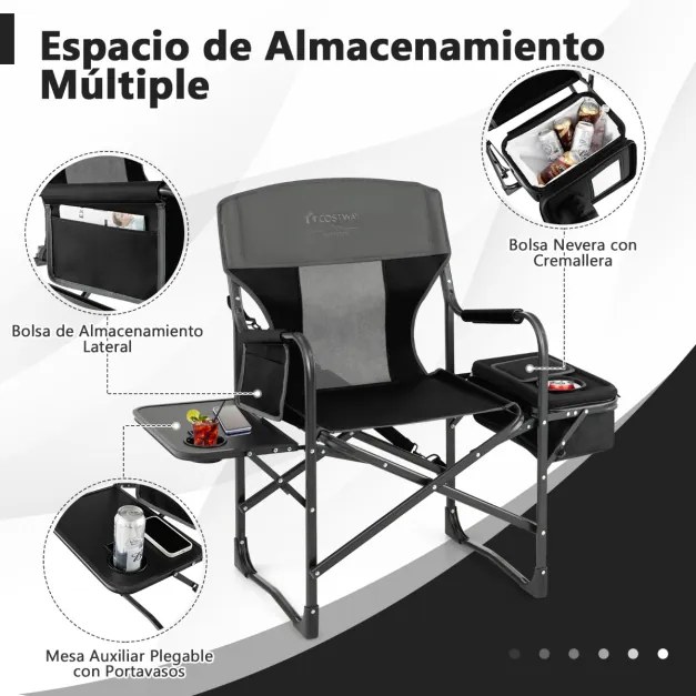 Cadeira de campismo dobrável Cadeira de diretor com mesa lateral Saco térmico Carga 180 kg para caminhadas Pesca Piquenique 113 x 56 x 98 cm Preta