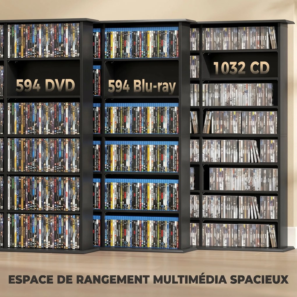 Móvel de arrumação 145 (L) x 24 (P) x 126,3 (A) cm para 1032 CDs / 594 DVDs, estante multimédia, 24 compartimentos e 18 prateleiras ajustáveis, preto