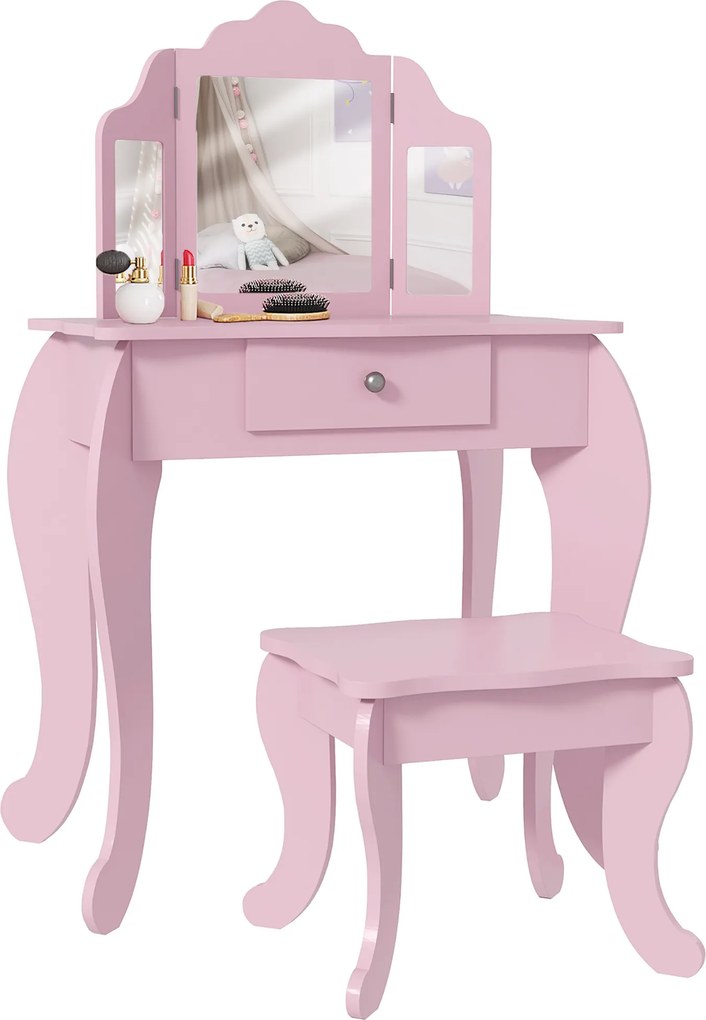 HOMCOM Toucador Infantil de Madeira com Banco e Espelho de Acrílico de 2 Seções Mesa de Maquilhagem Infantil 63x40x85,5 cm Rosa | Aosom Portugal