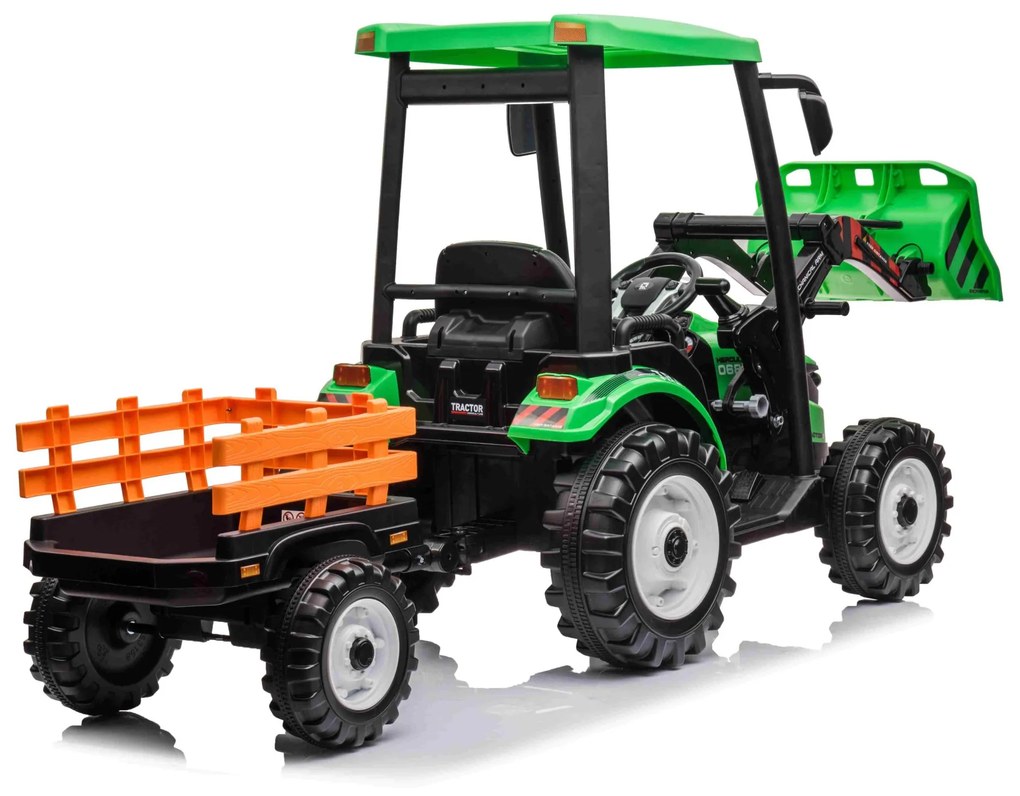 Trator elétrico para Crianças 24V 2x200W MEGA D68 Tractor com Reboque Assento de couro, Rodas Plástico Verde