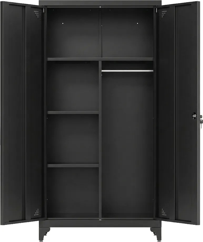 Armário cacifo metálico com varão para pendurar roupa, 2 portas, 5 compartimentos 80 x 40 x 165 cm Preto