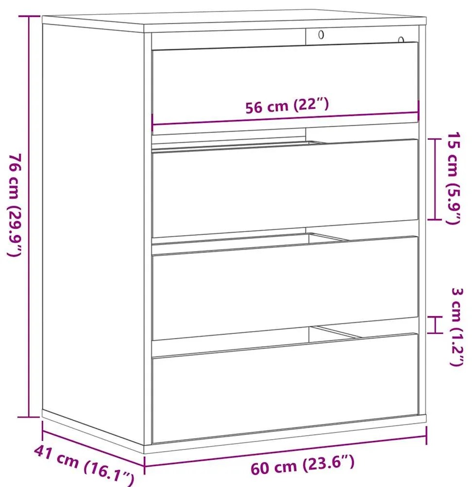 Cómoda com 4 Gavetas - 60x41x76 cm - derivados de madeira - preto