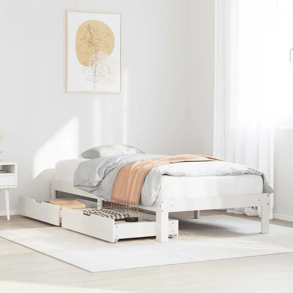 vidaXL Estrutura de cama com gavetas 75x190 cm pinho maciço branco
