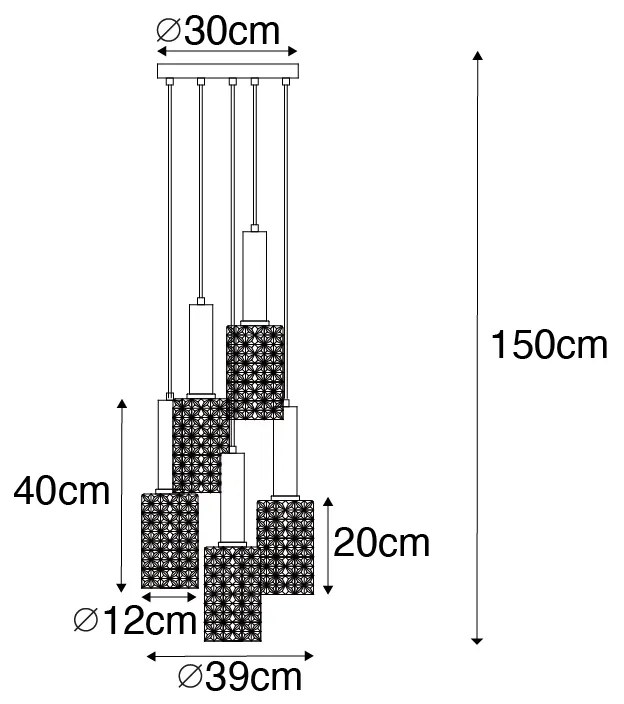Candeeiro de suspensão dourado com vidro fumê redondo 5-luzes - Elva Art Deco