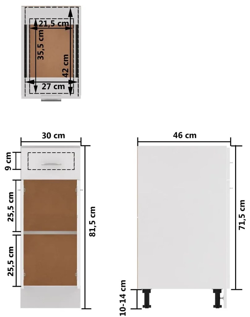 Armário inferior com gavetas 30x46x81,5 cm contraplacado branco