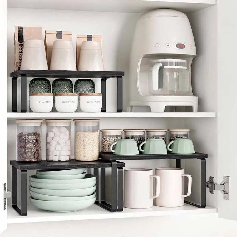 Conjunto de 3 prateleiras cozinha para especiarias empilháveis e extensíveis, cinzento antracite-preto