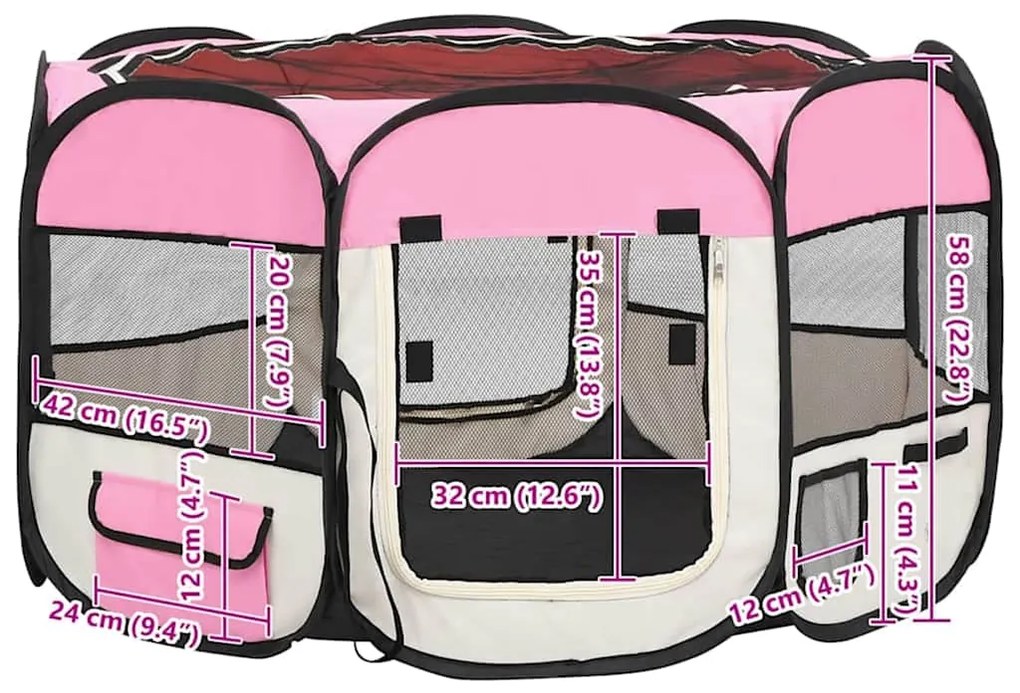 Parque dobrável p/ cão c/ saco de transporte 110x110x58cm rosa