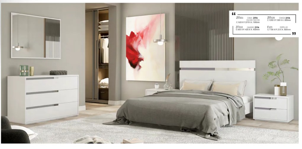 Quarto Zita (cama + 2x mesa cabeceira + comoda + espelho) | Personalizavel) - Lacado / MDF, Lacado branco