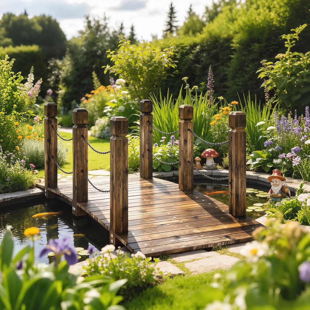Ponte de Jardim de Madeira 1,51 m Ponte Decorativa para Lagos Rústica com Corrimões de Segurança Carbonizada