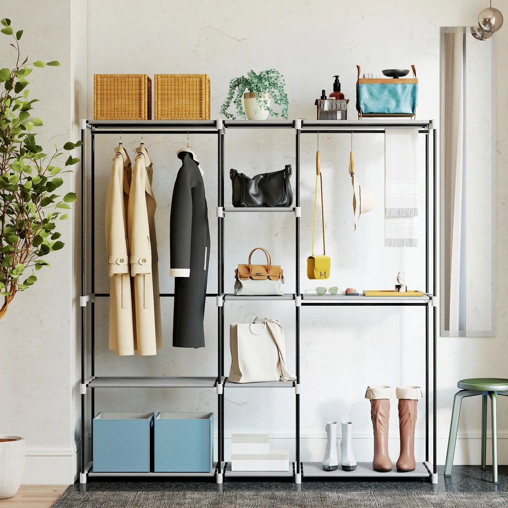 Guarda Roupa 182x43x185 cm Armário Aberto com 8 Prateleiras de Tecido Barras para Pendurar Cinza