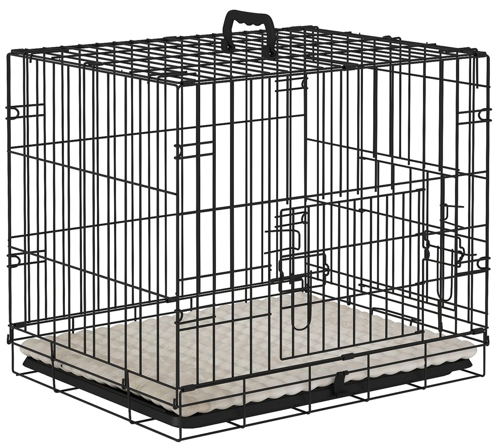PawHut Gaiola para Cães Dobrável com Almofada com 2 Portas Alça de Transporte Bandeja Removível 60x40x50 cm Preto e Bege