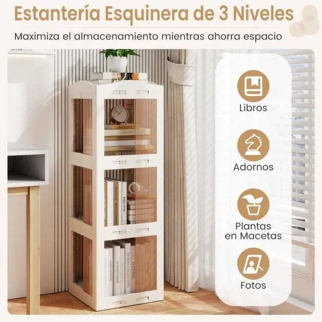 Estante com base giratória giratória 360° com 3 níveis em Plástico dobrável 36,5 x 36 x 108 cm com prateleiras Branca
