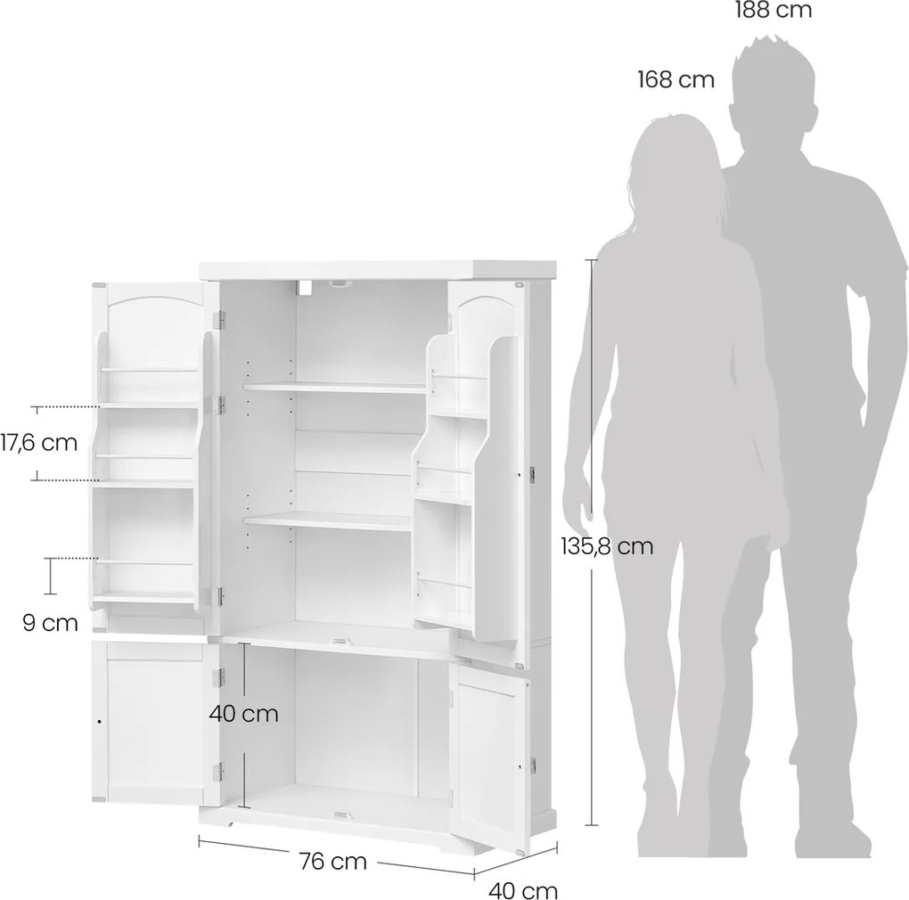 Armário de cozinha 40 x 76 x 135,8 cm com 4 prateleiras ajustáveis e 6 compartimentos nas portas Branco